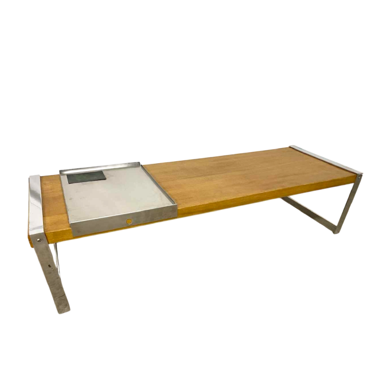 Table basse, bois massif, acier chromé. plateau amovible inox et plaque émaillée, ca 1970