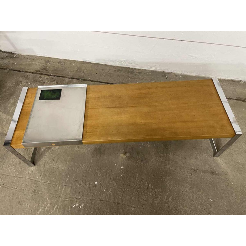 Table basse, bois massif, acier chromé. plateau amovible inox et plaque émaillée, ca 1970