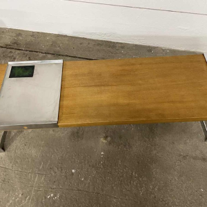 Coffee table, solid wood, chrome-plated steel. Removable stainless steel top and enamelled plate, ca. 1970