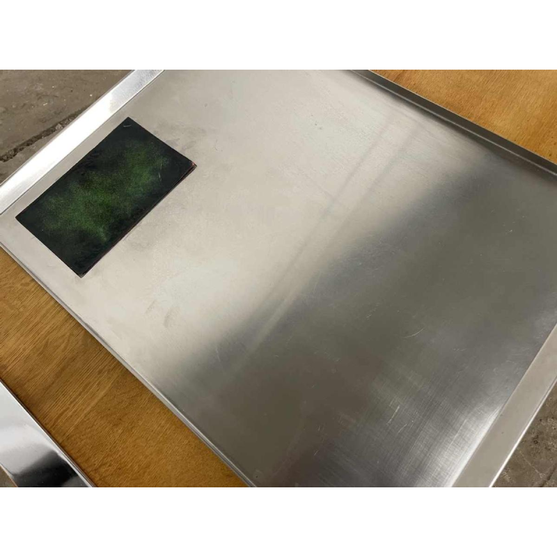 Coffee table, solid wood, chrome-plated steel. Removable stainless steel top and enamelled plate, ca. 1970