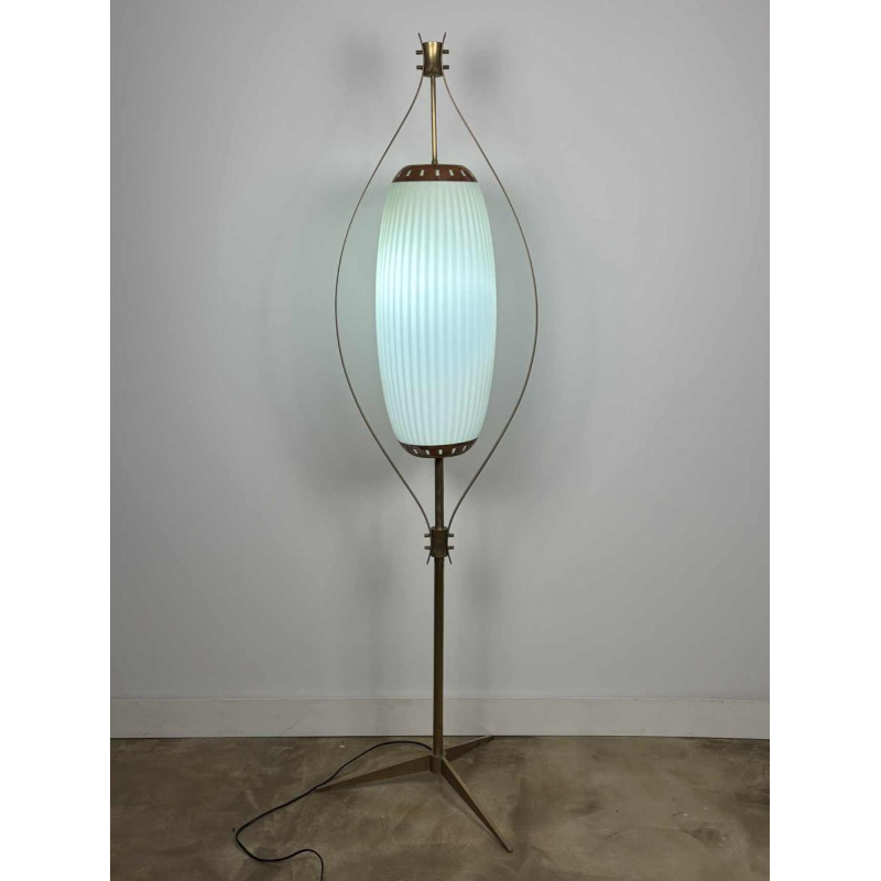 Mid-century floor lamp, opaline Murano glass & brass, style of Angelo Lelii for Arredoluce, Italy ca 1950