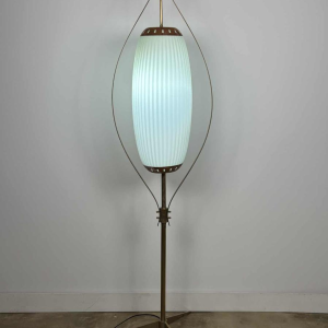 Mid-century floor lamp, opaline Murano glass & brass, style of Angelo Lelii for Arredoluce, Italy ca 1950