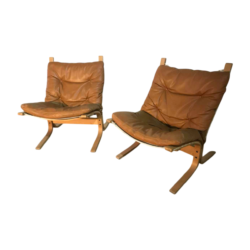 INGMAR RELLING for WESTNOFA ‘Siesta’ pair of 2 curved beechwood armchairs & cognac leather, ca. 1970