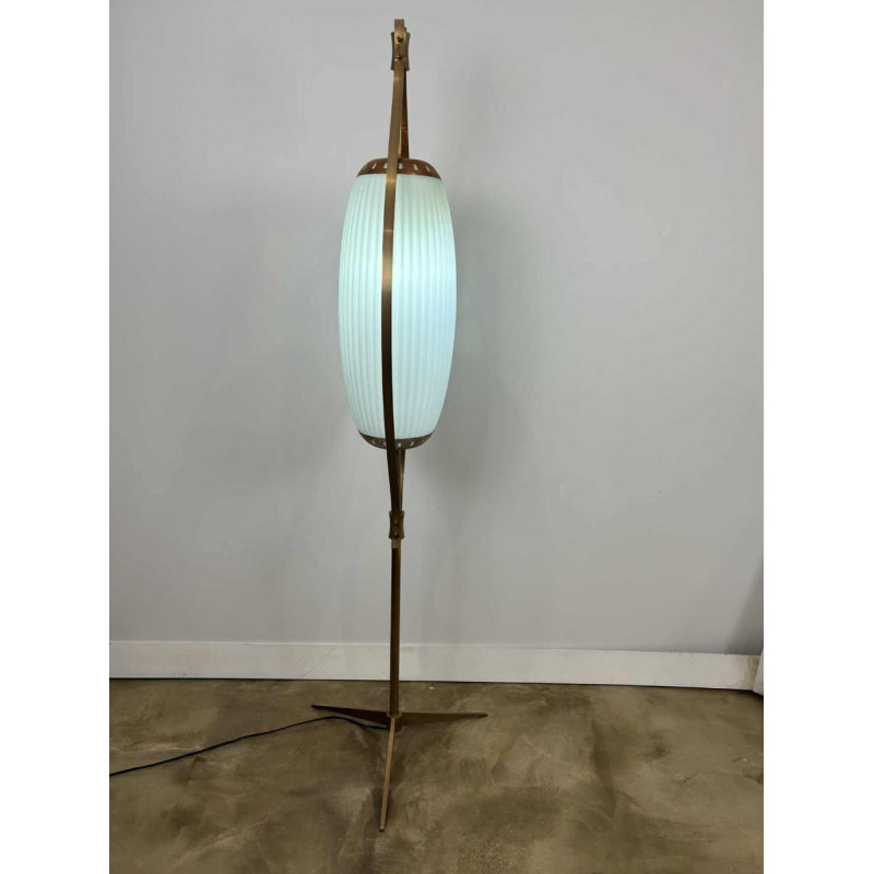 Mid-century floor lamp, opaline Murano glass & brass, style of Angelo Lelii for Arredoluce, Italy ca 1950