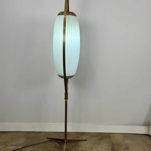 Mid-century floor lamp, opaline Murano glass & brass, style of Angelo Lelii for Arredoluce, Italy ca 1950