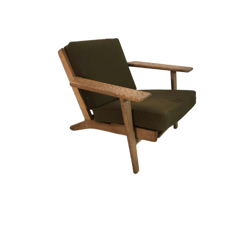 HANS WEGNER - Fauteuil GE 290 édité par GETAMA, chêne massif et tissus vert kaki, ca 1960