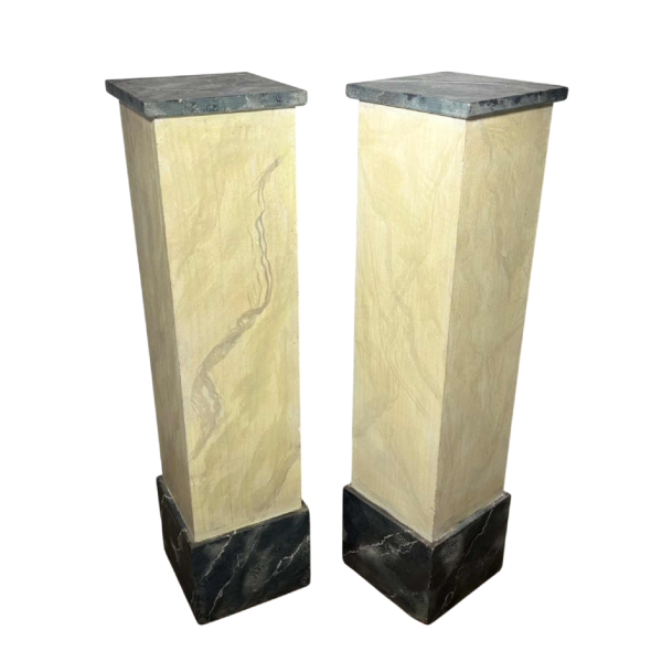 Pair of wooden pedestal columns painted in trompe-l'oeil marble - 20th century