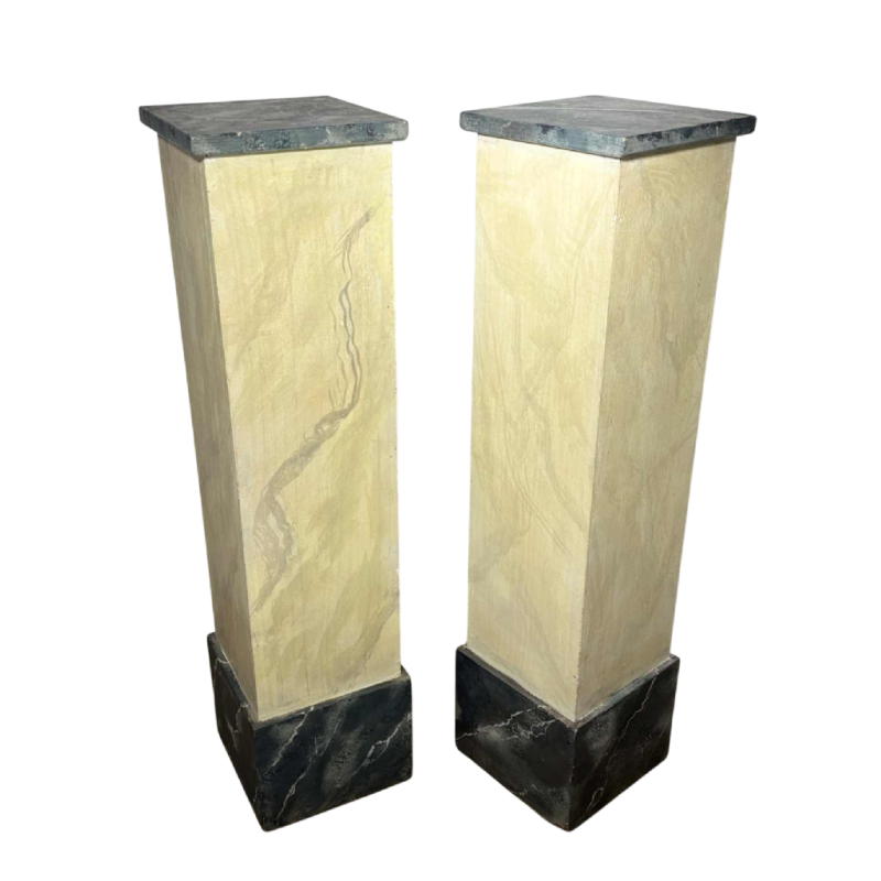 Pair of wooden pedestal columns painted in trompe-l'oeil marble - 20th century