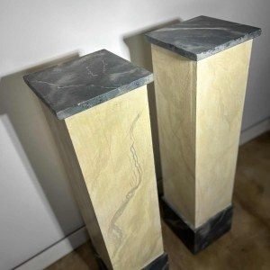Pair of wooden pedestal columns painted in trompe-l'oeil marble - 20th century