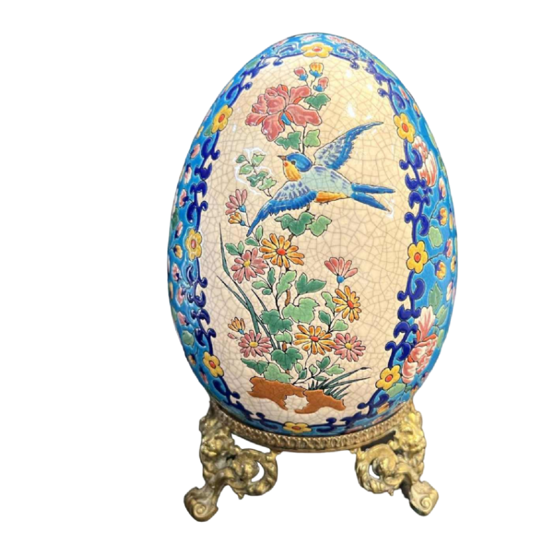 Emaux de Longwy, grand oeuf à décor d'oiseau en faience craquelée céramique cloisonnée, 20ème siècle