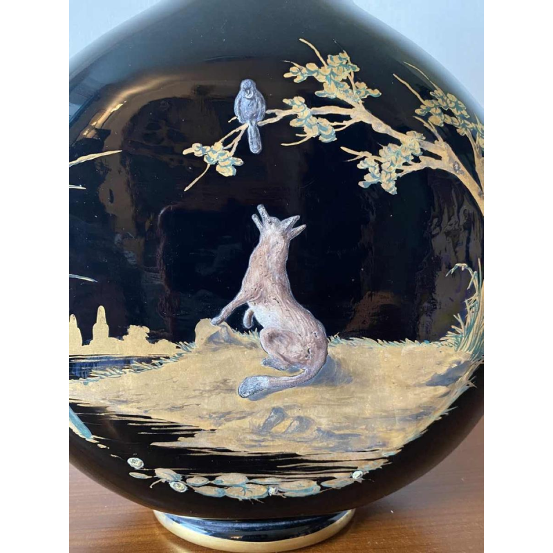 Cristallerie du Val-St-Lambert "Le renard et le corbeau" vase en hyalite, ca 1880