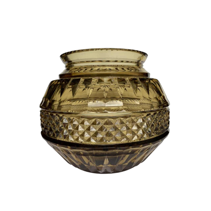 Val-Saint-Lambert, vase boule Art Déco, cristal taillé topaze, modèle Exposition de Liège 1930