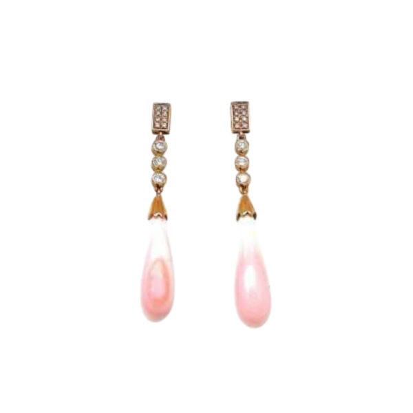 Paar gouden & koraal 'gouttes' & diamanten oorbellen