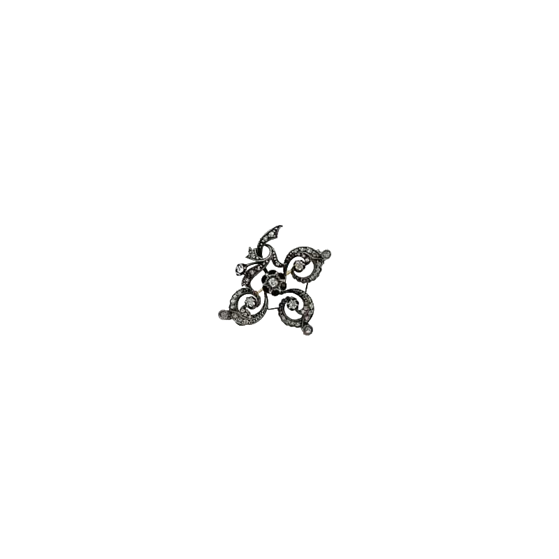 Broche antique "Fleur", or blanc 18k, argent & diamants, 19ème siècle