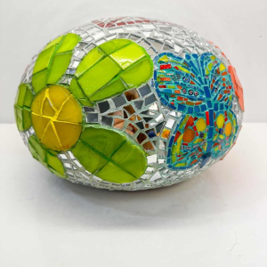 Cla Râ Rose ‘Love’ pebble sculpture made of earthenware tiles and mirror, 21st century