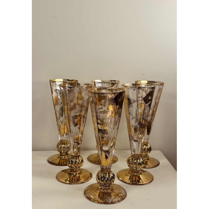 Jean-Paul van Lith à Biot, suite de six flûtes à champagne en cristal doré, XXe s