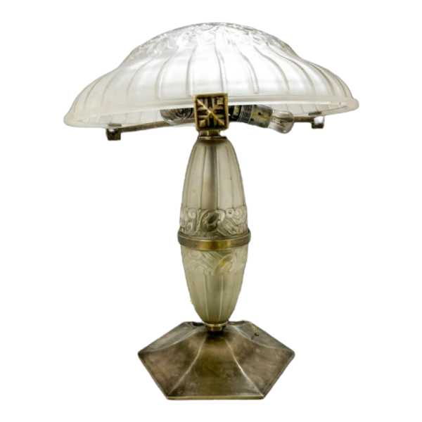 Daum Nancy, Art Deco table lamp with stylised plant motifs, pressed-moulded glass & steel, ca 1928-1930