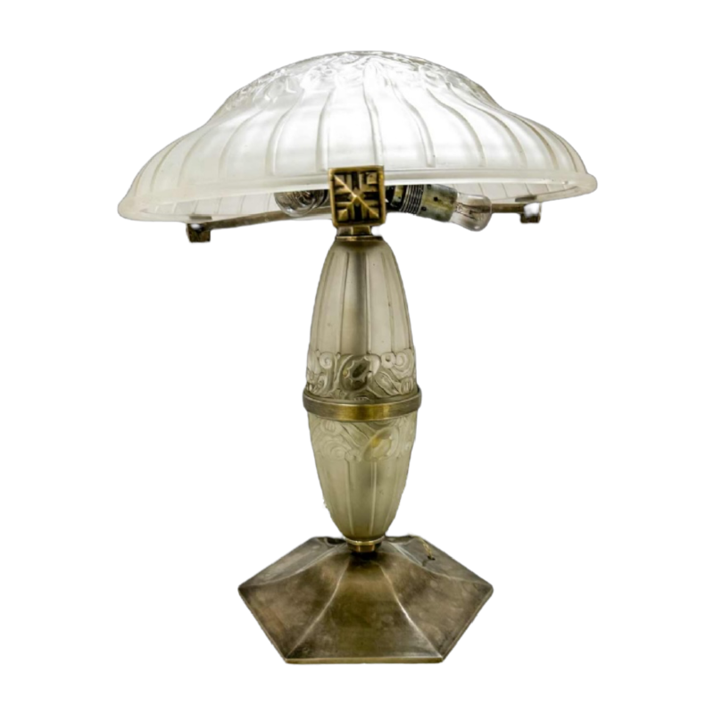 Daum Nancy, Art Deco tafellamp met gestileerde plantmotieven, geperst glas & staal, ca 1928-1930