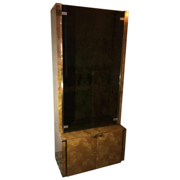 WILLY RIZZO for MARIO SABOT, Bookcase Display Shelf, Burl Walnut en Messing, ca. 1970