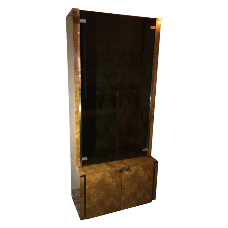 WILLY RIZZO pour MARIO SABOT, Vitrine Bibliothèque Etagère, Loupe de Noyer et laiton, ca. 1970