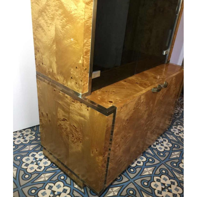 WILLY RIZZO pour MARIO SABOT, Vitrine Bibliothèque Etagère, Loupe de Noyer et laiton, ca. 1970