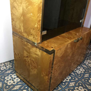 WILLY RIZZO for MARIO SABOT, Bookcase Display Shelf, Burl Walnut en Messing, ca. 1970