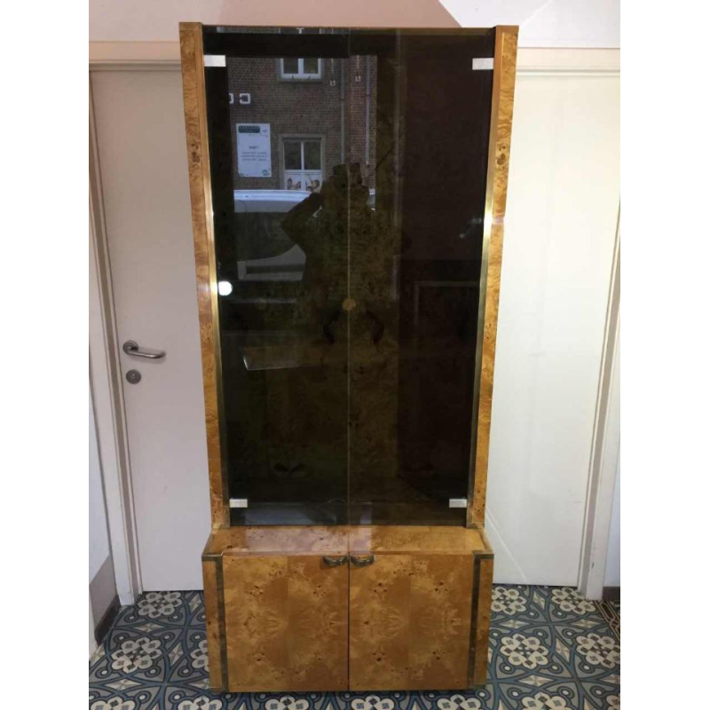 WILLY RIZZO for MARIO SABOT, Bookcase Display Shelf, Burl Walnut en Messing, ca. 1970