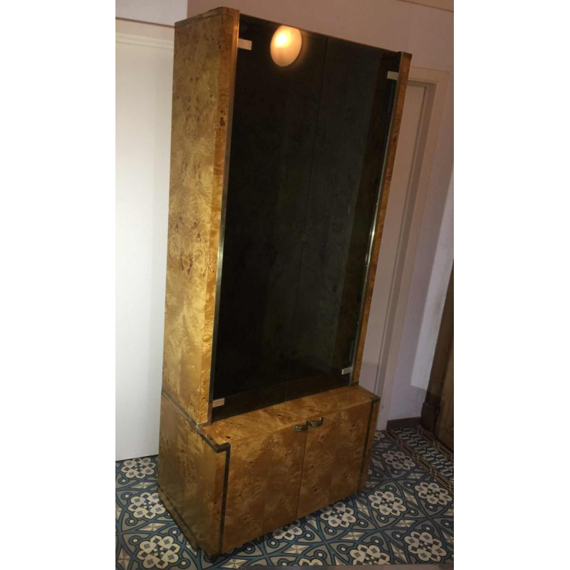 WILLY RIZZO for MARIO SABOT, Bookcase Display Shelf, Burl Walnut en Messing, ca. 1970