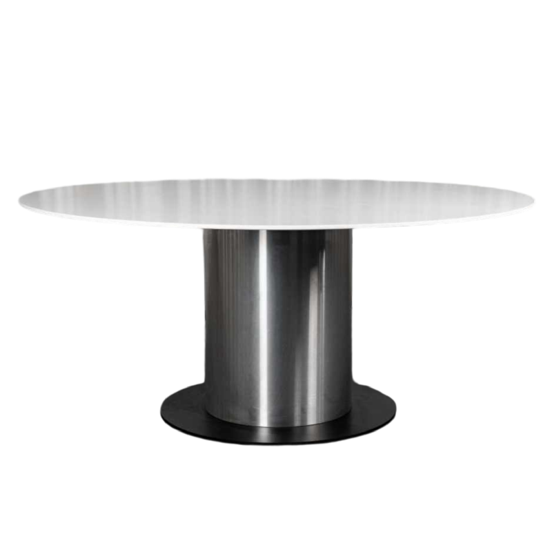 Grande table ronde blanche à fut central en inox