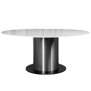 Grote ronde witte tafel met centraal roestvrijstalen blad