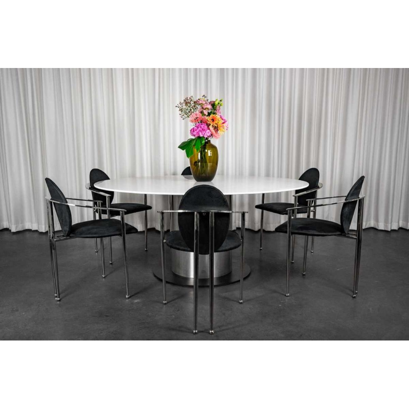 Grande table ronde blanche à fut central en inox