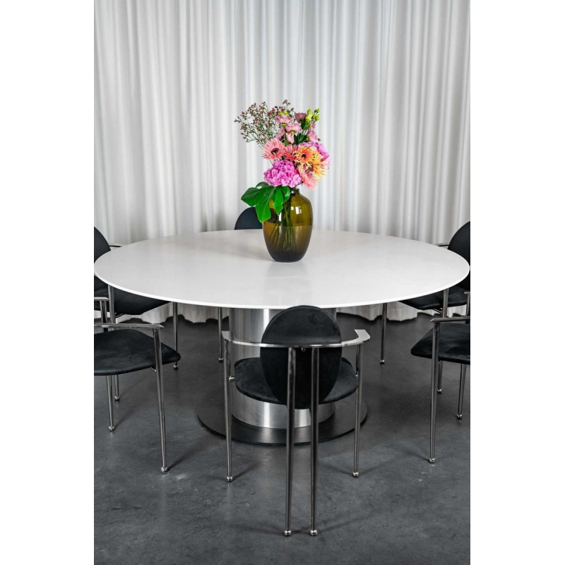 Grande table ronde blanche à fut central en inox