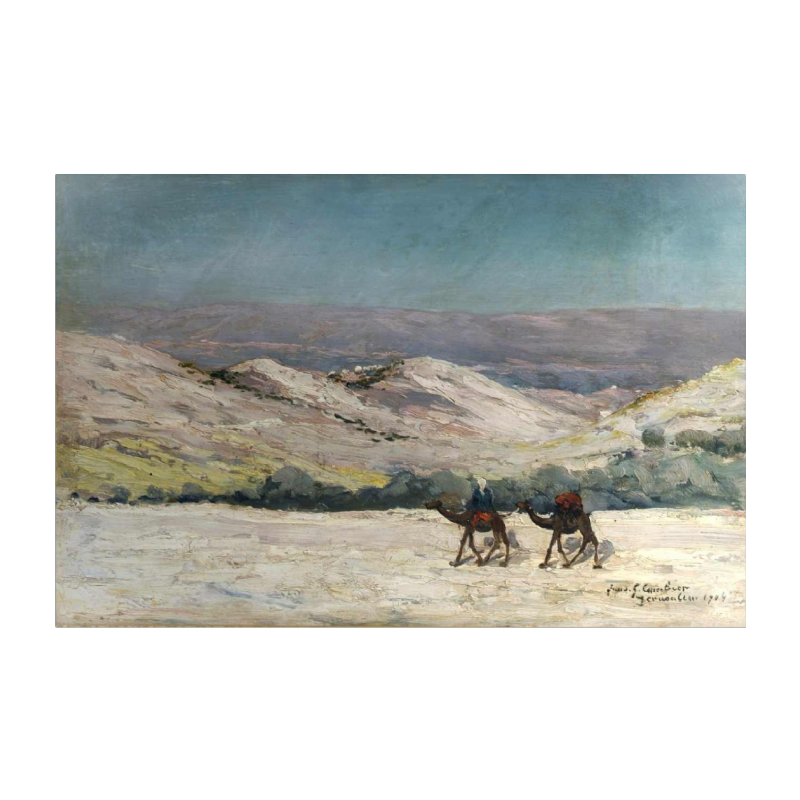 Louis Gustave Cambier 'Man en kamelen in de woestijn van Jeruzalem' Oriëntalistisch schilderij, 1904