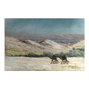 Louis Gustave Cambier 'Man en kamelen in de woestijn van Jeruzalem' Oriëntalistisch schilderij, 1904