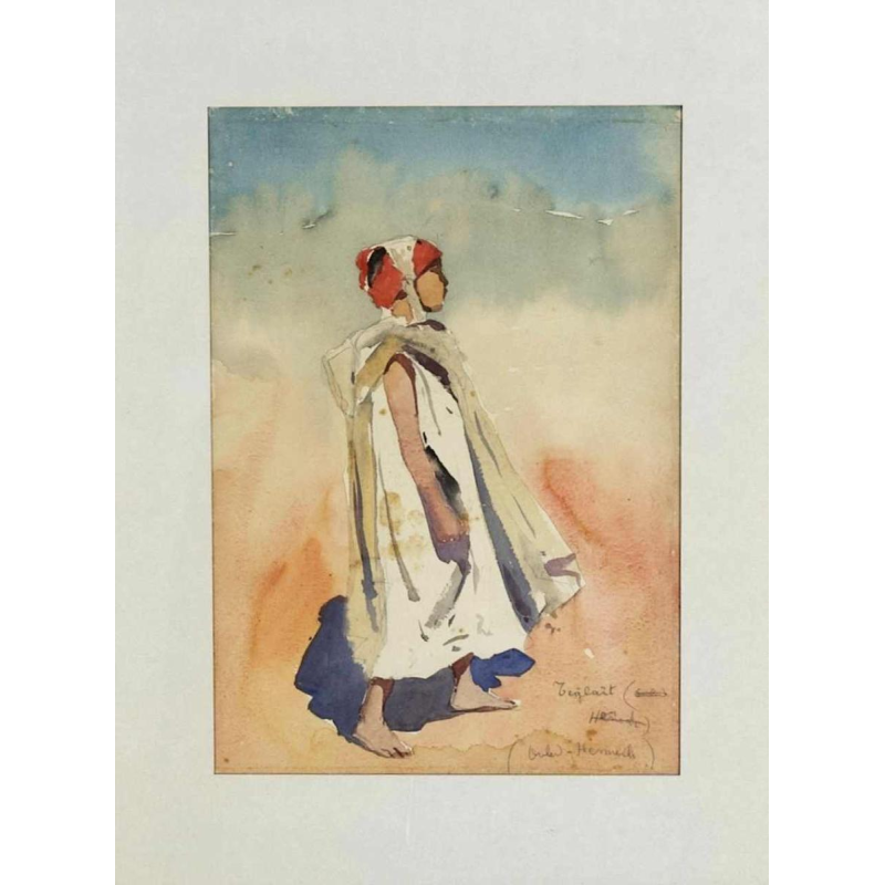 Nestor Outer 'Oriental Portrait' watercolour on paper, Orientalist double-sided painting, 1899