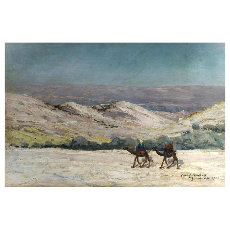 Louis Gustave Cambier 'Man and camels in the desert of Jerusalem' Orientalist painting, 1904