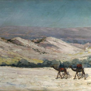 Louis Gustave Cambier 'Homme et chameaux dans le désert de Jérusalem' tableau orientaliste, 1904