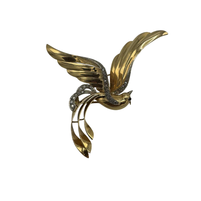 Bevrijdingsbroche, 18 K geel goud, roosgeslepen diamanten, robijn cabochon, ca 1945