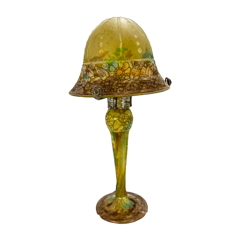 Muller Frères, zeldzame Art Nouveau tafellamp, gestileerde bloemmotieven, zuurgeëtst glas, gegraveerd stalen frame, ca 1918