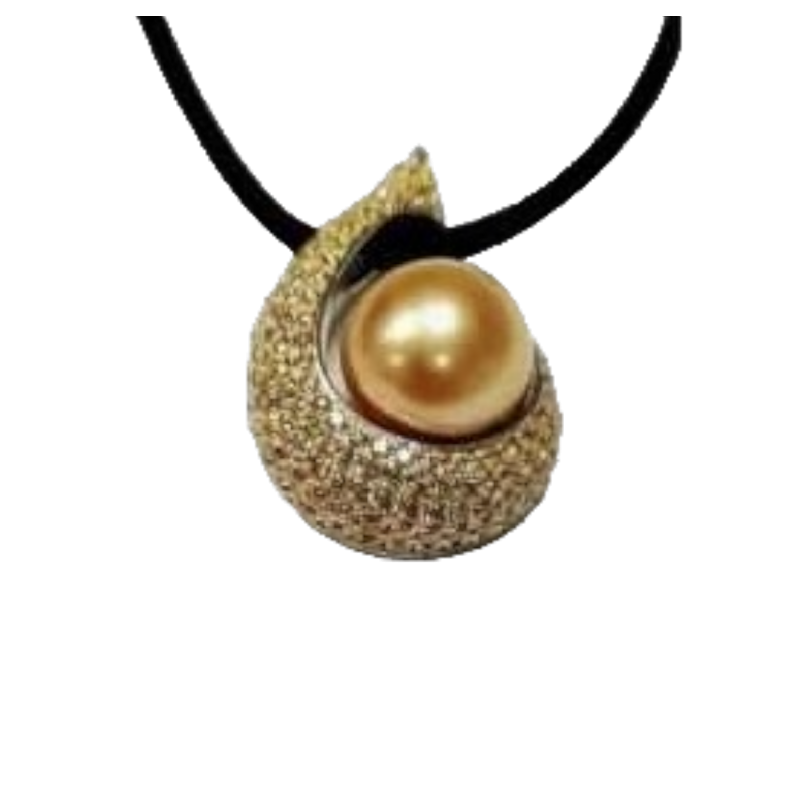 Pendentif or blanc 18kt, perles de Tahiti & diamants jaunes