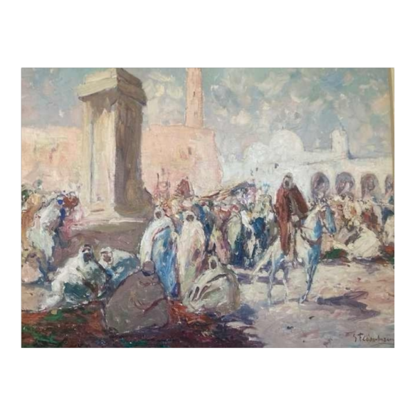Gustave Flasschoen 'Markt in Togourt' zicht op markt, oriëntalistisch schilderij, 19e eeuw