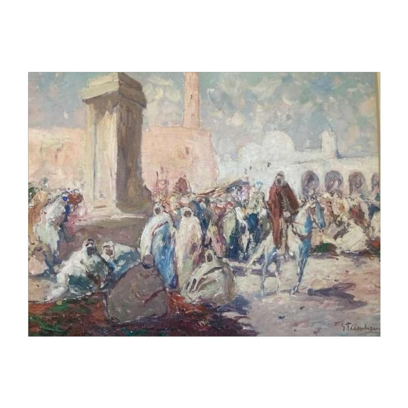 Gustave Flasschoen 'Markt in Togourt' zicht op markt, oriëntalistisch schilderij, 19e eeuw