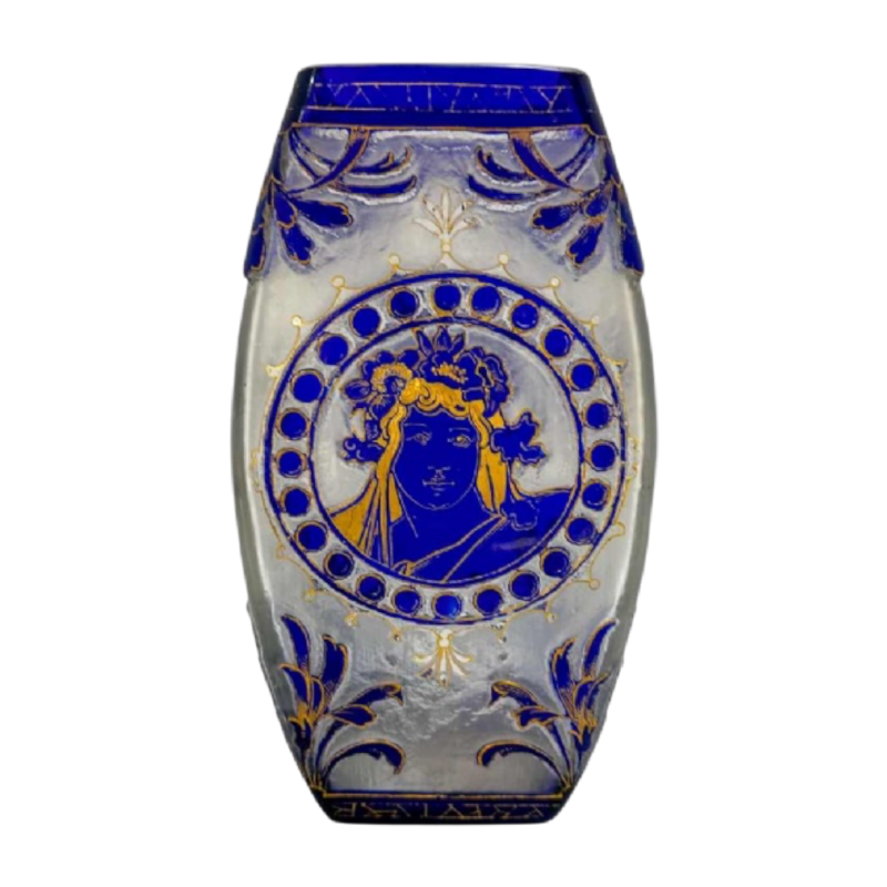 Ludwig Moser Art Nouveau vaas 'vrouwengezicht' zuurgeëtst glas, circa 1890-1900