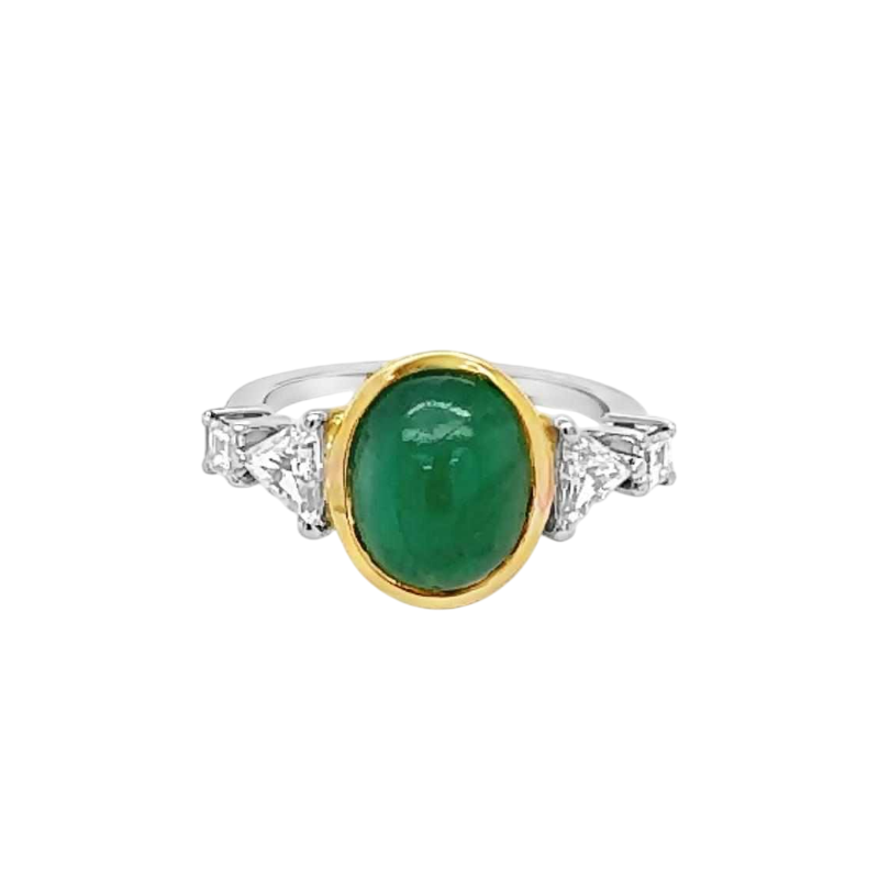 Bague or, émeraude cabochon & diamants