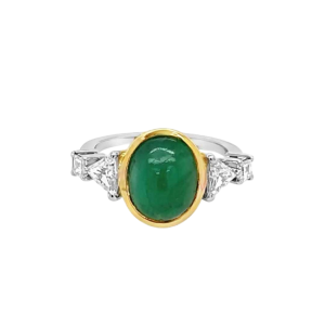 Bague or, émeraude cabochon & diamants