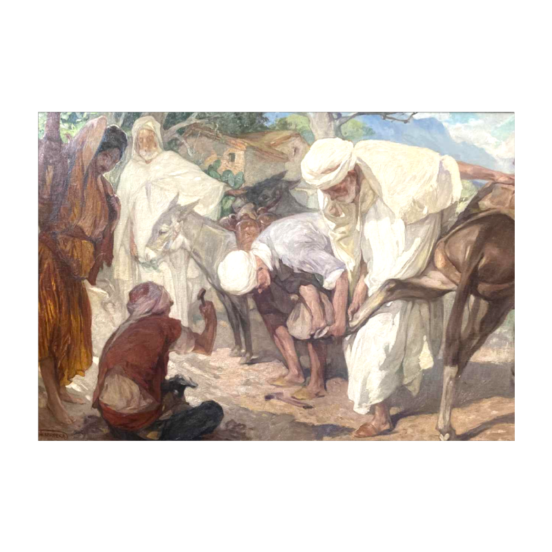 Jules Pierre VAN BIESBROECK 'De IJzerhandelaar' oriëntalistisch schilderij, olieverf op paneel, eind 19e eeuw