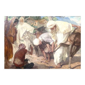 Jules Pierre VAN BIESBROECK 'De IJzerhandelaar' oriëntalistisch schilderij, olieverf op paneel, eind 19e eeuw