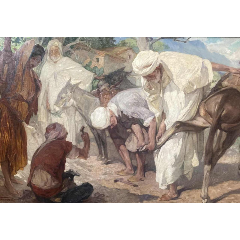 Jules Pierre VAN BIESBROECK 'De IJzerhandelaar' oriëntalistisch schilderij, olieverf op paneel, eind 19e eeuw