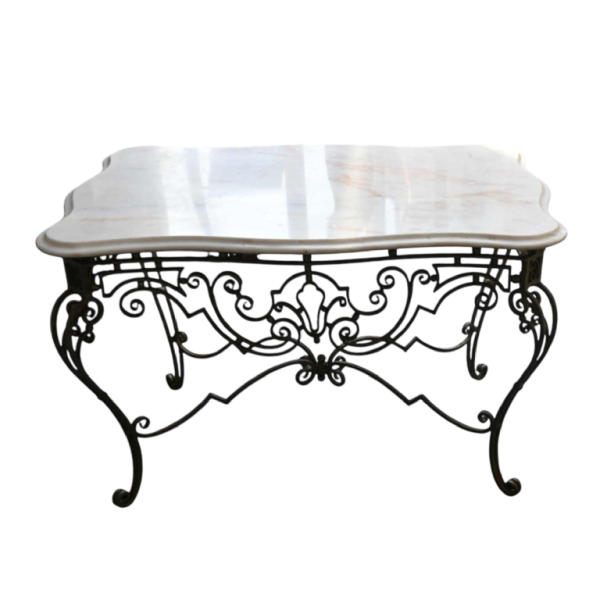 Wrought iron coffee table, white marble top, circa 1940