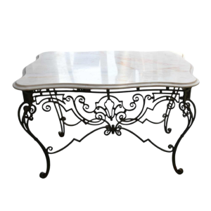 Wrought iron coffee table, white marble top, circa 1940